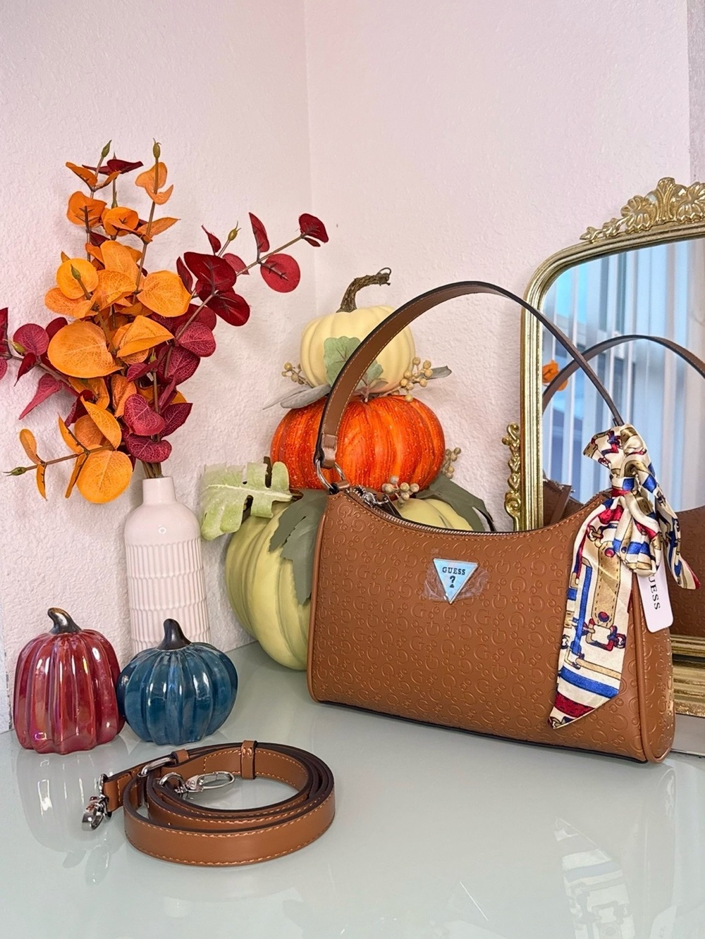 Guess Tan Embossed Shoulder Bag with Scarf Accent